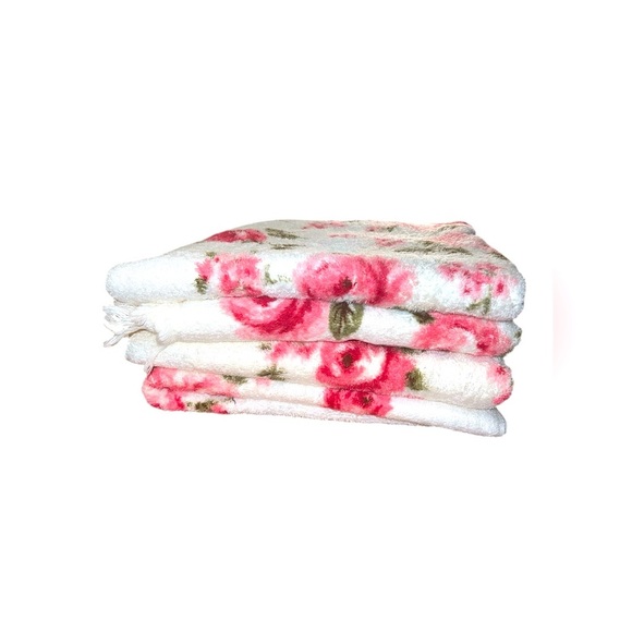 St Mary’s Pink White Floral‎ Terry Cloth Bath Towels Fringe VTG Set Of 4 - Picture 2 of 5